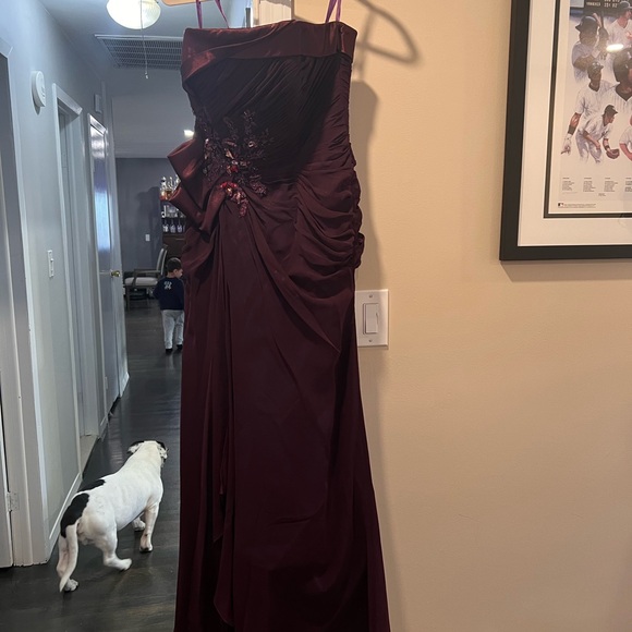 Mieka Dresses & Skirts - Mieka Burgundy Ruched Prom Gown with Beaded Accent